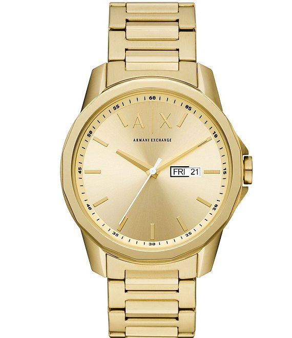 Color:Gold - Image 1 - Men's Three-Hand Day-Date Gold-Tone Stainless Steel Bracelet Watch