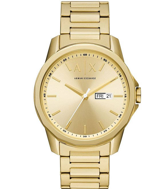 Armani Exchange Men's Three-Hand Day-Date Gold-Tone Stainless Steel  Bracelet Watch