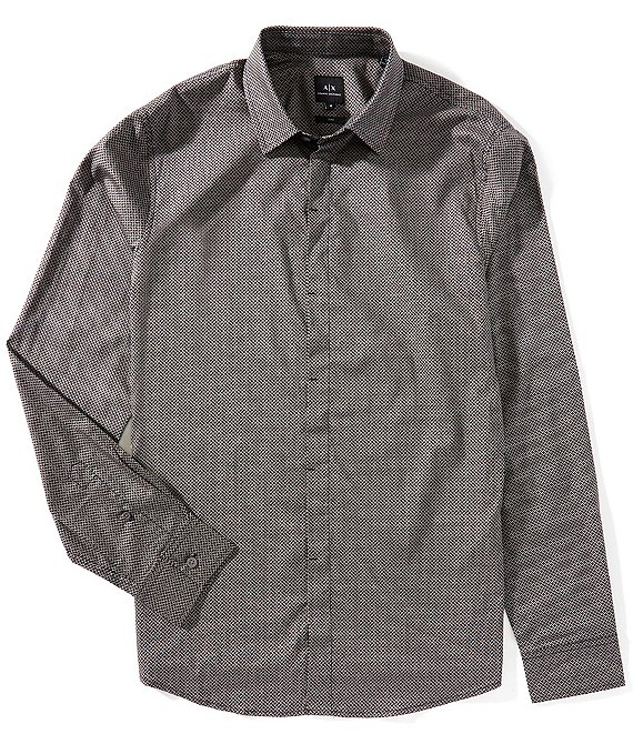 Armani Exchange Micro Pattern Logo Stretch Poplin Long Sleeve Woven Shirt