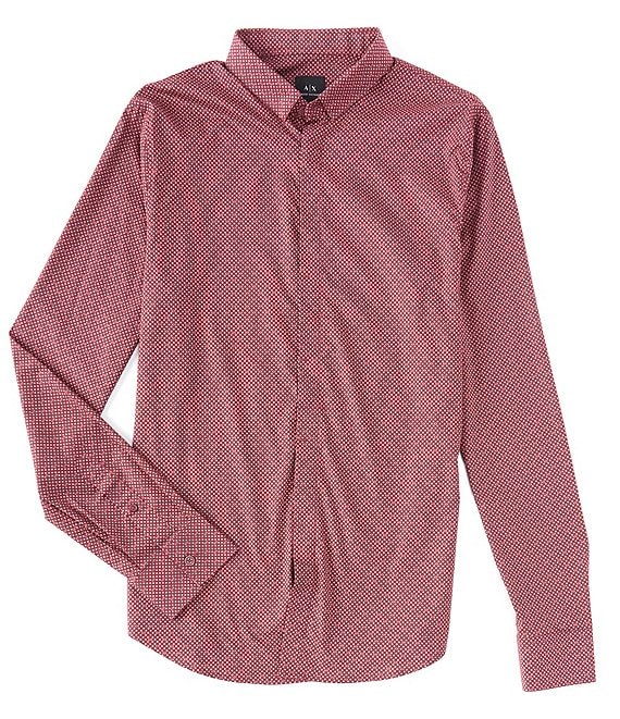 Color:Grape Wine - Image 1 - Slim-Fit Micro Print Stretch Long-Sleeve Woven Shirt