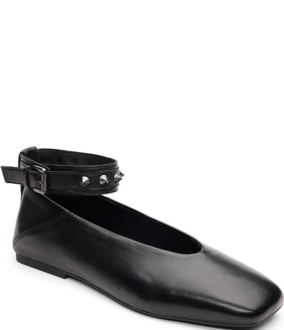 ASH Best Leather Studded Ankle Strap Square Toe Flats