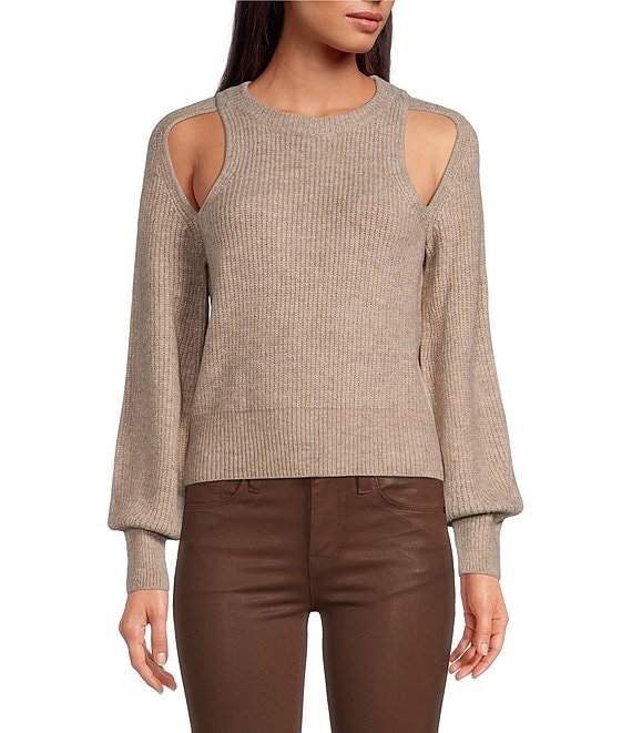 Color:Taupe - Image 1 - ASTR The Label Adira Knit Crew Neck Long Volume Sleeve Shoulder Cut-Out Sweater