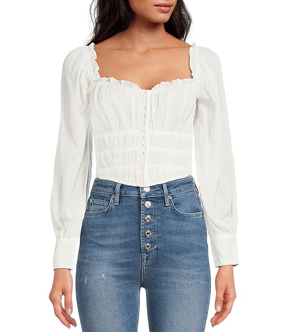 Color:Off White - Image 1 - Amber Frill Trim Sweetheart Neck Long Blouson Sleeve Ruched Crop Bustier Top