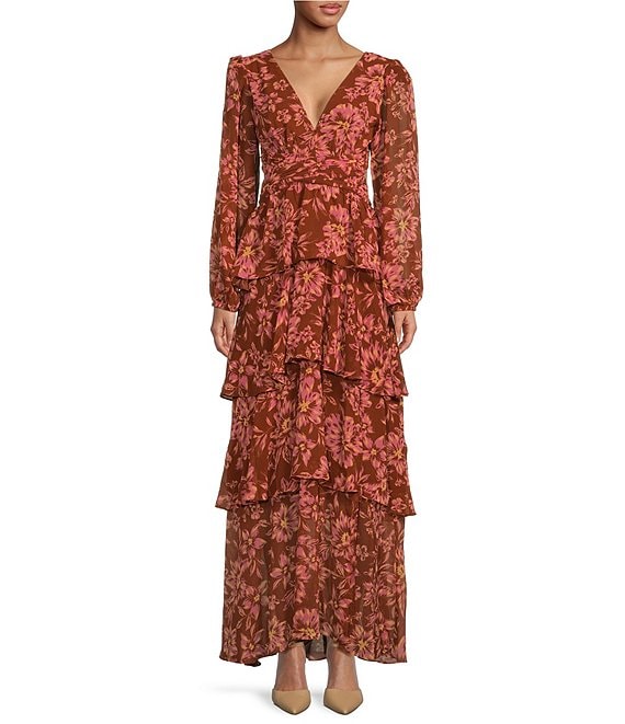 Color:Rust Floral - Image 1 - Anora Floral Print V-Neck Long Sleeve Tiered Maxi Dress