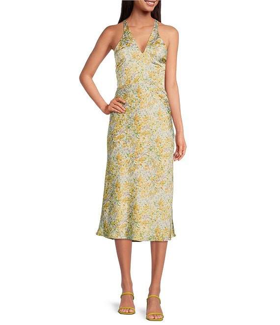 Color:Cream Yellow Floral - Image 1 - Floral Print Halter Neck Open Back Detail Sleeveless Midi Dress