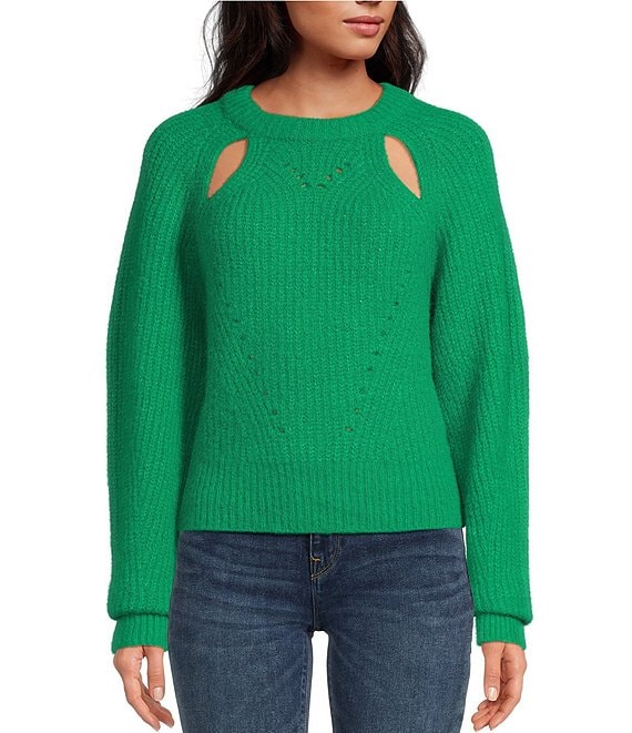 Color:Green - Image 1 - Kris Crew Neck Cutout Long Sleeve Wool Blend Sweater