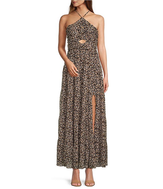 Color:Black Brown - Image 1 - Madeline Floral Print Halter Neck Sleeveless Cut-Out Maxi Dress