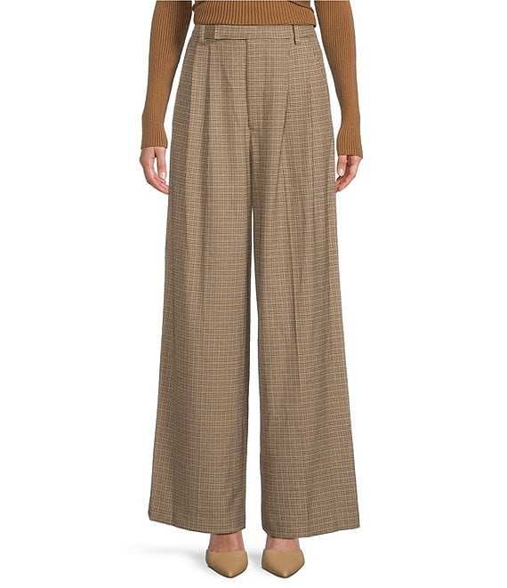 Color:Black Brown - Image 1 - Milani Plaid Print High Waist Pleated Wide Leg Coordinating Trousers