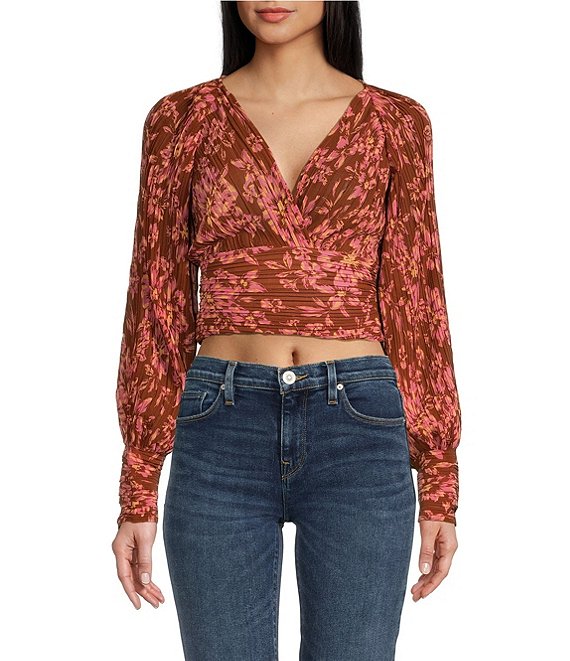 Color:Rust Floral - Image 1 - Pernilla Floral Print V-Neck Long Blouson Sleeve Cropped Top