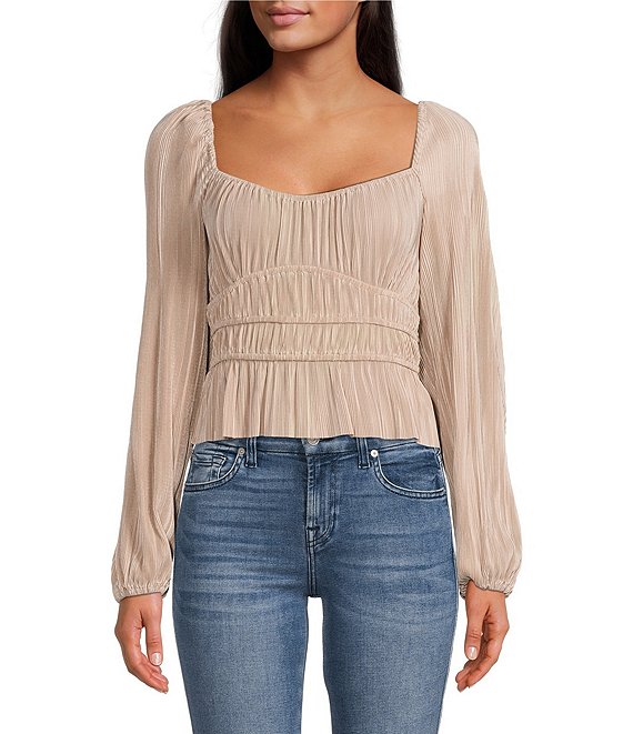 Color:Pearl - Image 1 - Ziva Square Neck Long Sleeve Pleated Top