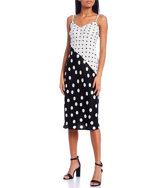 Color:Off White/Black - Image 1 - Asymmetrical Dot Print Pull-On Midi Dress