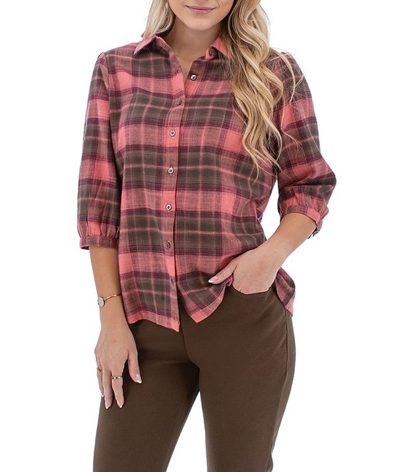Aventura Fireside Flannel Woven Point Collar 3/4 Sleeve Button front Shirt