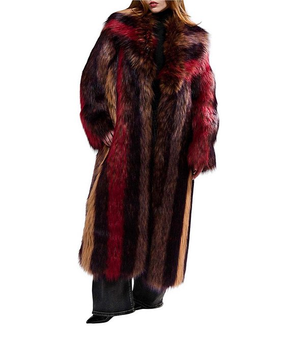 Azalea Wang Esmara-Red Multi Faux Fur Shawl Collar Trench Coat