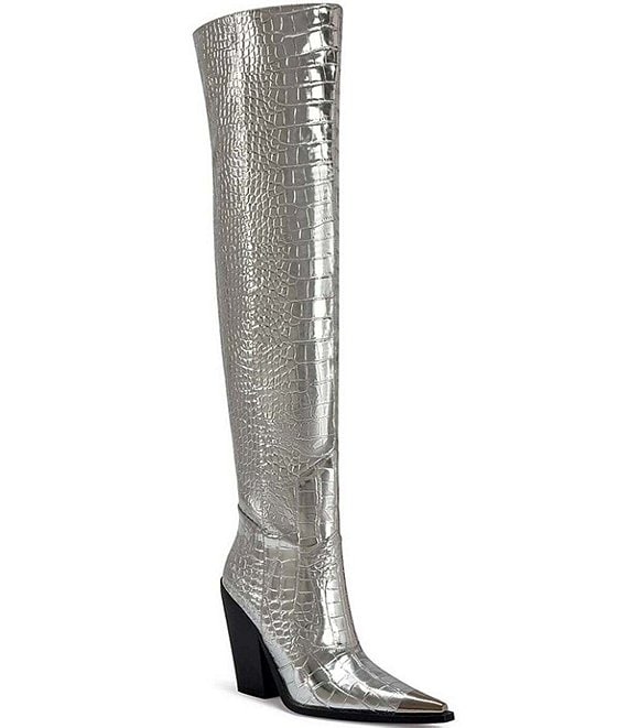 Azalea Wang Grissel Metallic Croco Print Over The Knee Western Boots