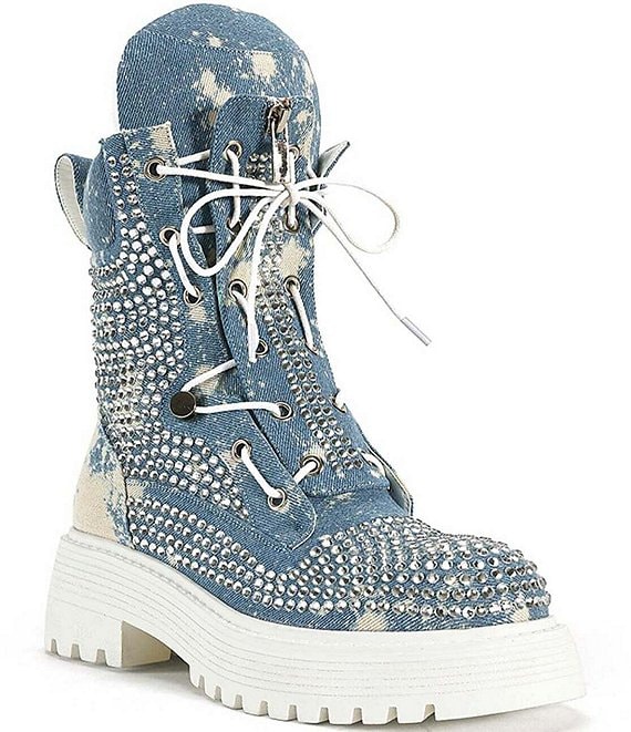 Azalea Wang Harlyn Acid Wash Denim Rhinestone Combat Booties Dillard s