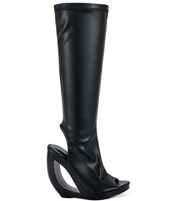 Azalea Wang Ilyssa Peep Toe Open Heel Open Rocker Wedge Tall Boots