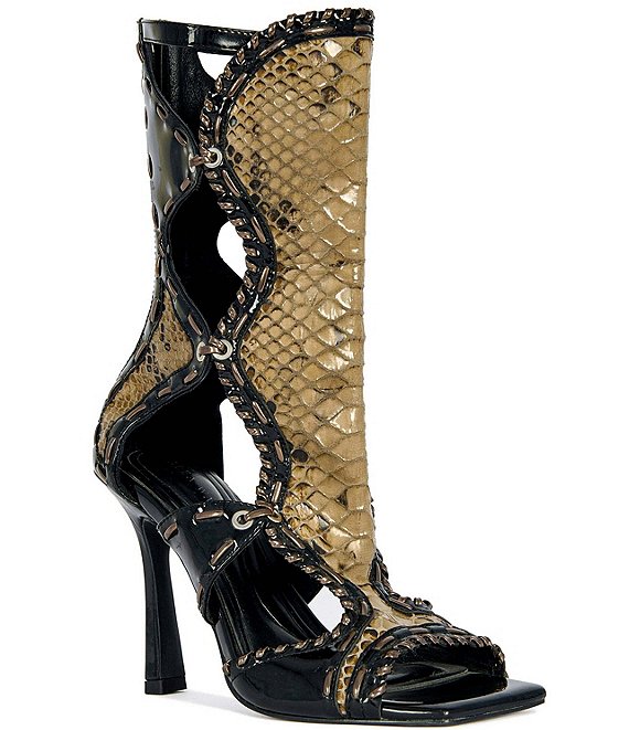 Azalea Wang Indrani Snake Print Square Toe Gladiator Sandals