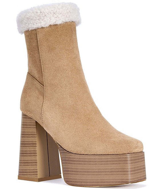 Azalea Wang Larousse Fleece Collar Platform Block Heel Booties