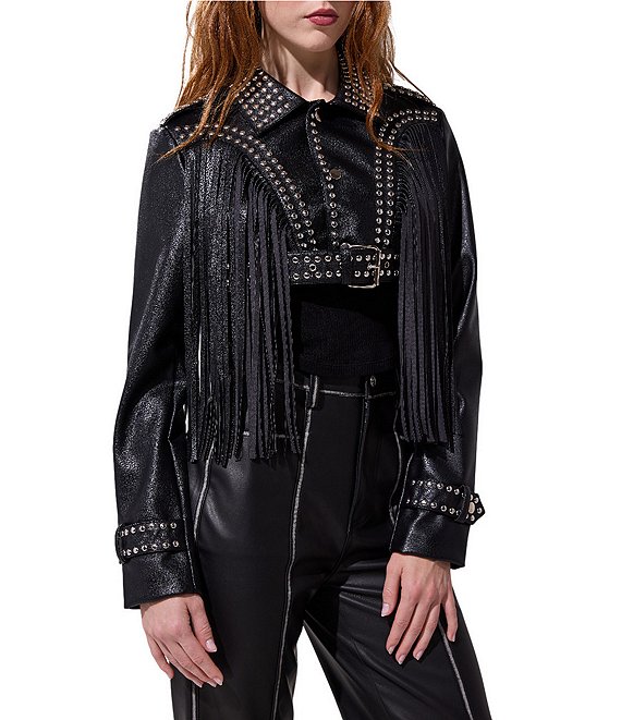Azalea Wang Oakly Fringe Studded Moto Cropped Jacket | Dillard's