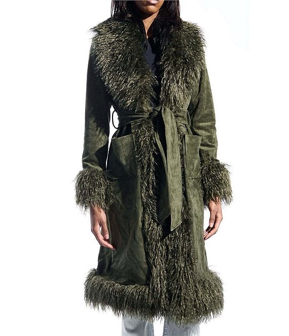 Azalea Wang Plus Size Gilda Olive Faux Sherpa Collared Belted Oversize Trench Coat