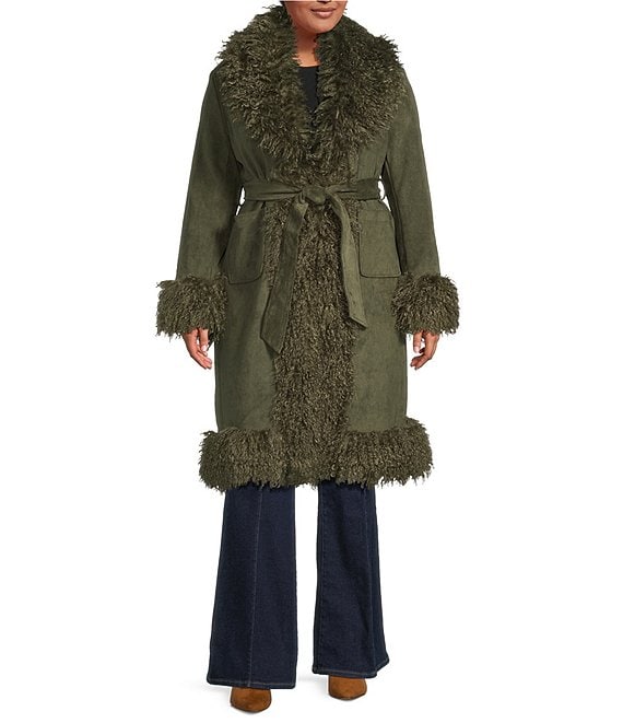 Azalea Wang Plus Size Gilda Faux Sherpa Collared Belted Oversize Trench Coat