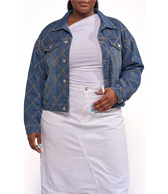 Azalea Wang Plus Size Gramercy-Denim Antique Gold Flat Stud Point Collar Jean Jacket