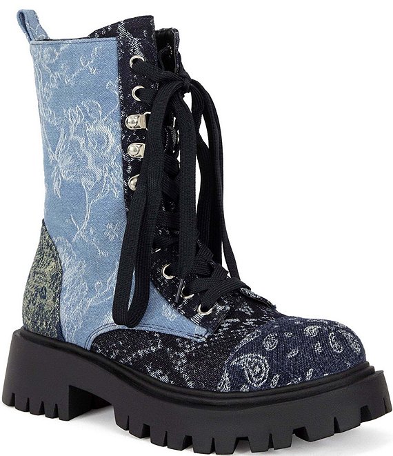 Azalea Wang Providence Mixed Print Denim Combat Boots