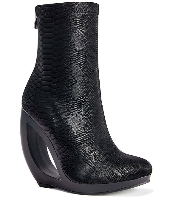 Azalea Wang Rapture Snake Embossed Open Curved Wedge Booties