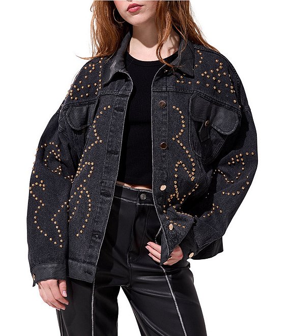 Azalea Wang Ricki Studded Point Collar Button Front Denim Jacket, Black - Image 1