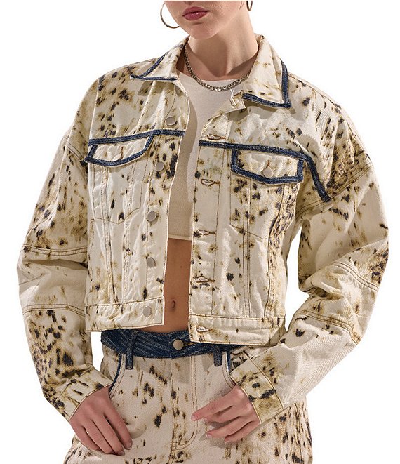 Azalea Wang Santana Cow Print Notch Collar Cropped Denim Jacket, Ivory Multi - Image 1