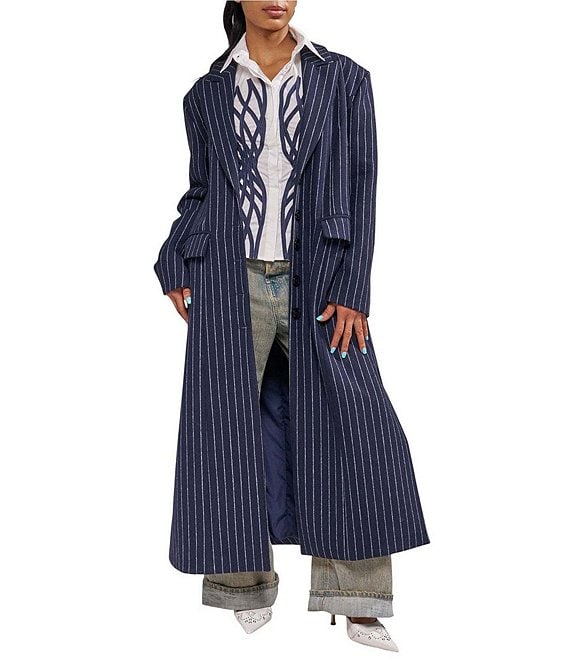 Azalea Wang Skyline Wool Blend Pin Stripe Notch Collar Button Front Tailored Coat
