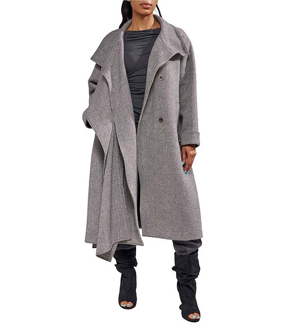 Azalea Wang Tina Wool Blend Asymmetrical Scarf Neck Oversize Belted Wrap Coat