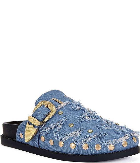 Azalea Wang Zale Denim Studded Buckle Strap Mules