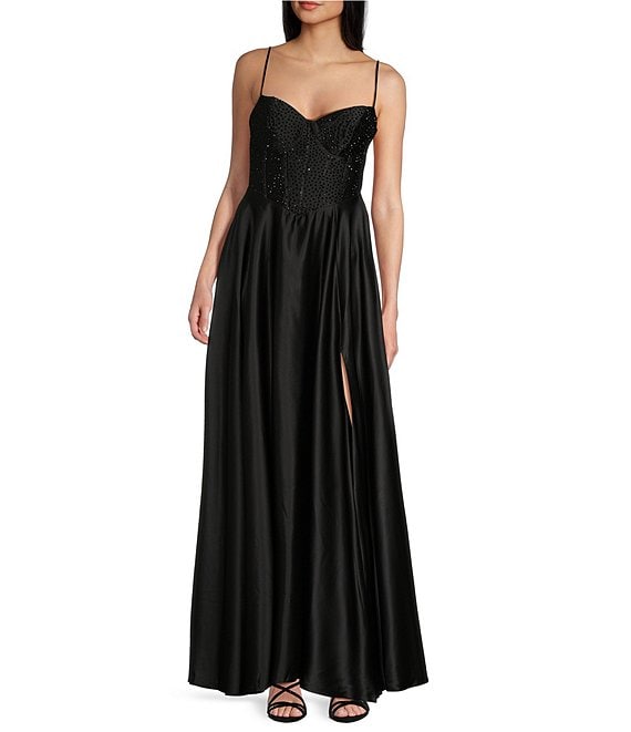 B. Darlin Spaghetti Rhinestone Strap Bustier Long Dress | Dillard's