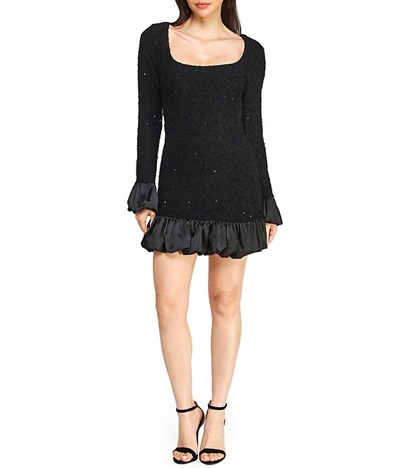 B. Darlin Boucle Sequined Square Neck Long Sleeve Satin Ruffled Bubble Hem Dress