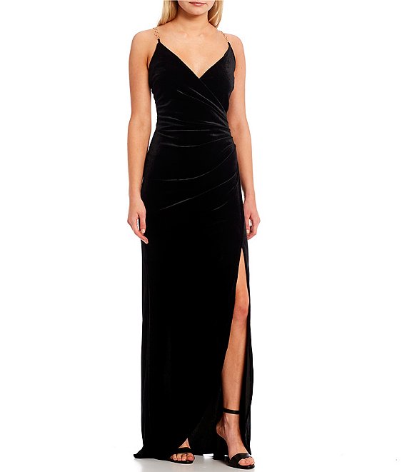 Color:Black - Image 1 - Chain Strap Velvet Long Dress