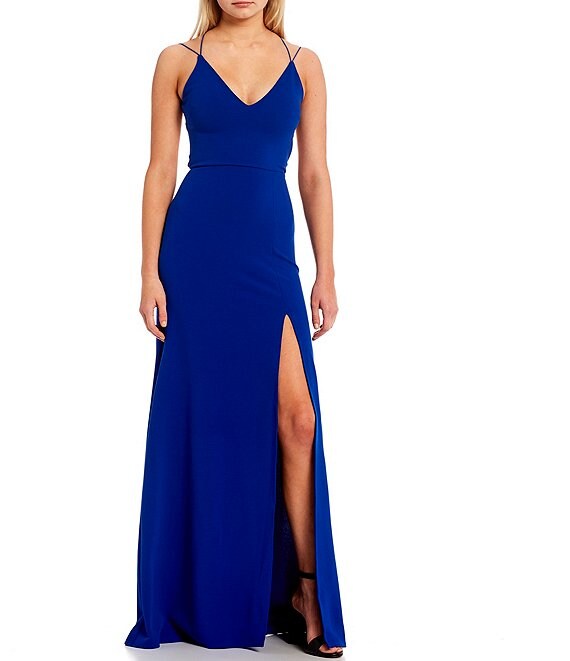 Color:Elect Blue - Image 1 - Cross Back Front Slit Long V-Neck Dress
