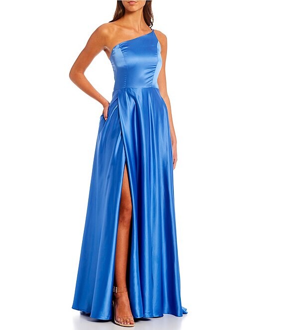 Color:Cobalt Thunder - Image 1 - Double Strap Pocket Long Satin Dress