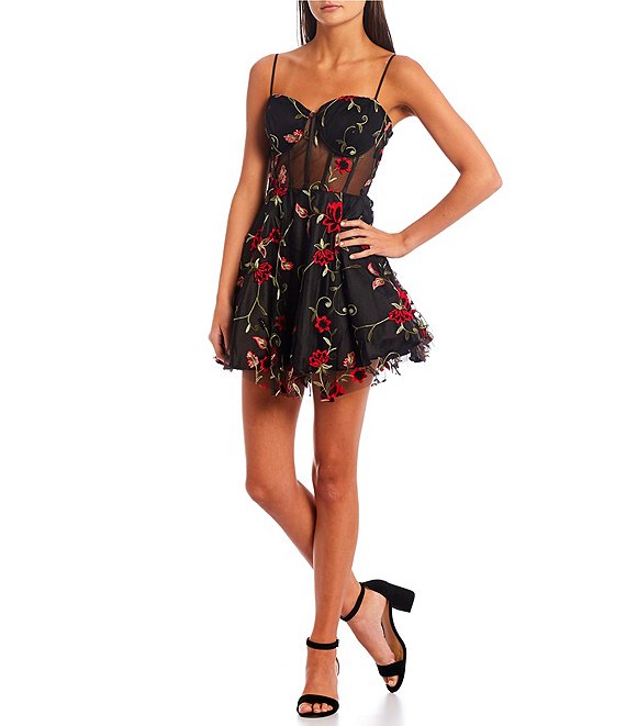 Color:Black/Red - Image 1 - Floral-Embroidered Mesh Fit And Flare Dress