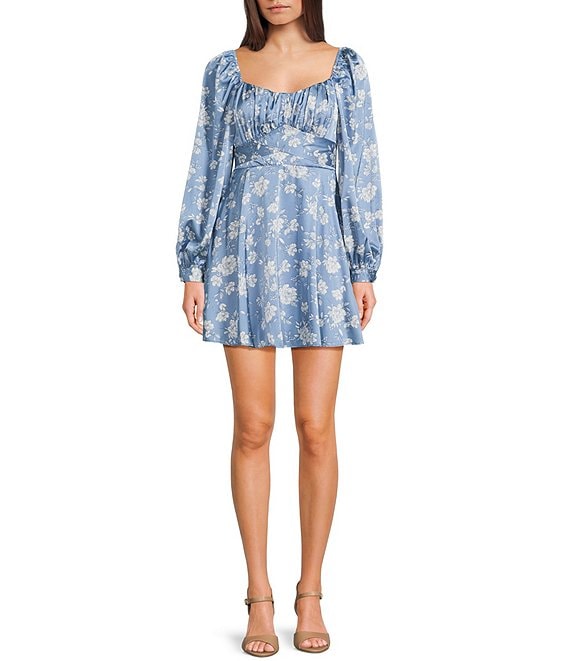 B. Darlin Floral Printed Long Sleeve Tie Back Skater Dress, Lt. Blue Floral/White - Image 1