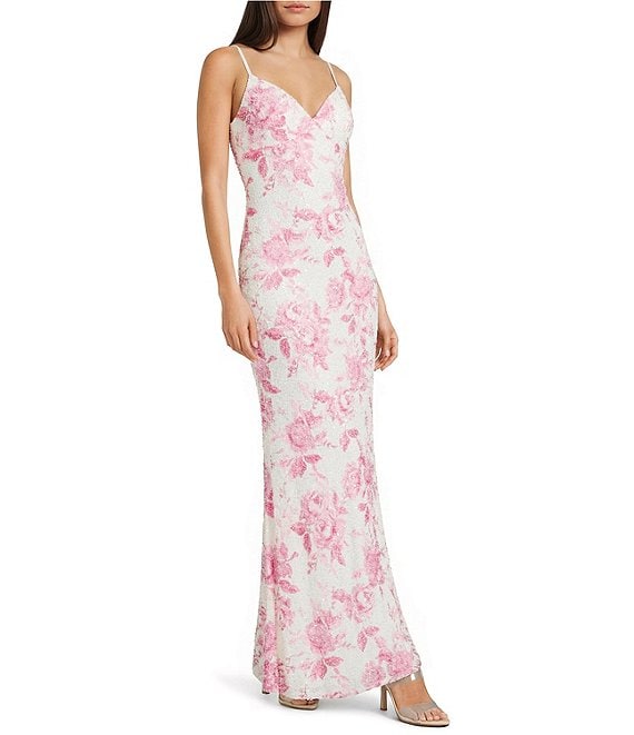 B. Darlin Floral Printed Mesh V-Neck Side Slit Dress