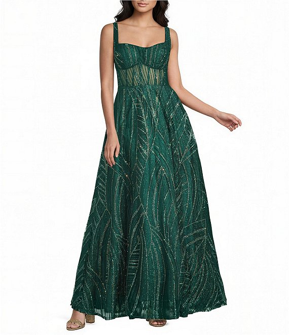 B. Darlin Glitter Accented Square Neck Illusion Bodice Long Dress