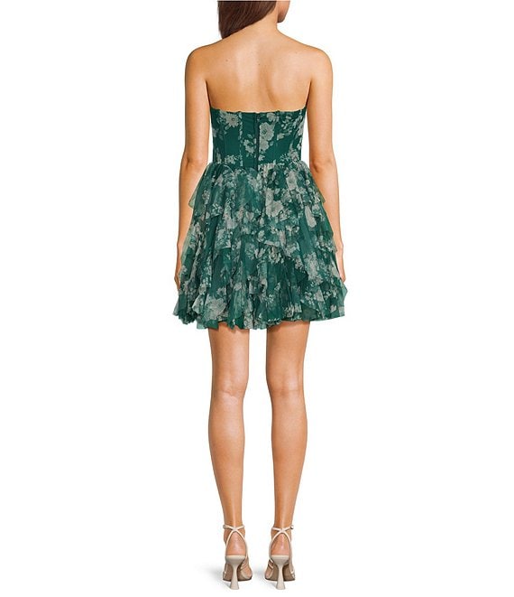 B. Darlin Mesh Floral Printed Strapless Corseted Ruffle Dress