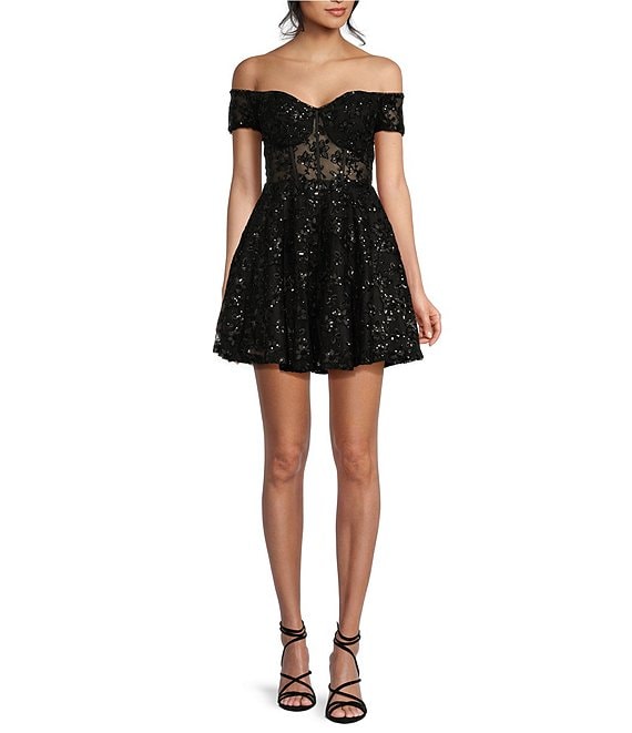 B. Darlin Sequin Off The Shoulder Lace Corset Fit Flare Dress