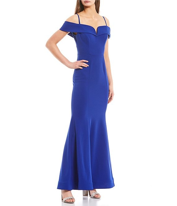 Color:Elect Blue - Image 1 - Off-The-Shoulder Notch Neckline Scuba Crepe Trumpet Long Dress