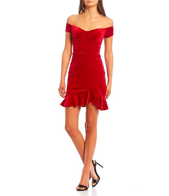 Color:Red - Image 1 - Off-The-Shoulder Corset Bodice Ruffle Hem Dress