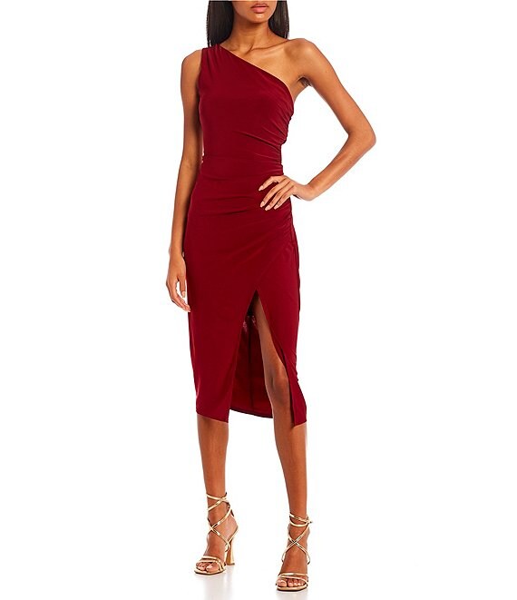 Color:Wine - Image 1 - One Shoulder Open Back Front Slit Fitted Midi Dress