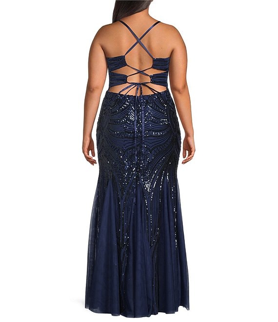 B. Darlin Plus Size Pattern Sequin V-Neck Spaghetti Strap Lace Up Back Godet Prom Dress, Womens, 21W, Navy/Navy B. Darlin Plus Size Pattern Sequin V-Neck Spaghetti Strap Lace Up Back Godet Prom Dress, Womens, 21W, Navy/Navy