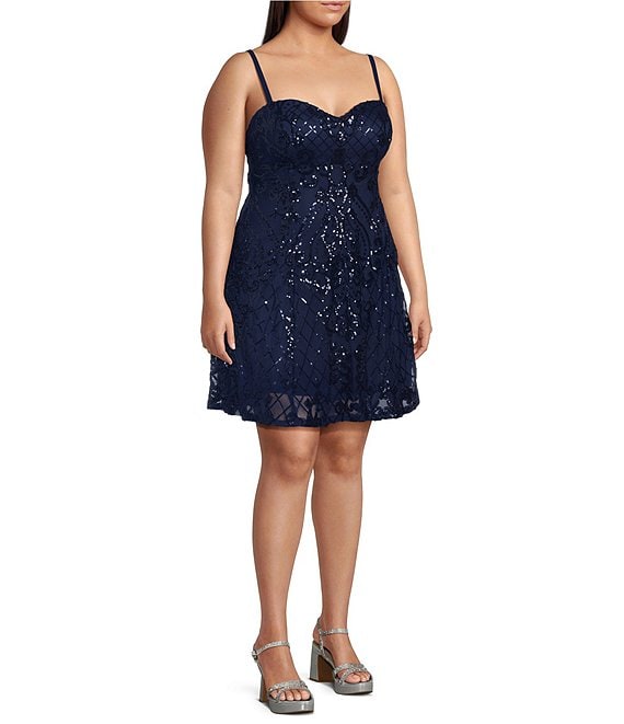 B. Darlin Plus Size Patterned Sequin Sweetheart Neck Tie Back Dress