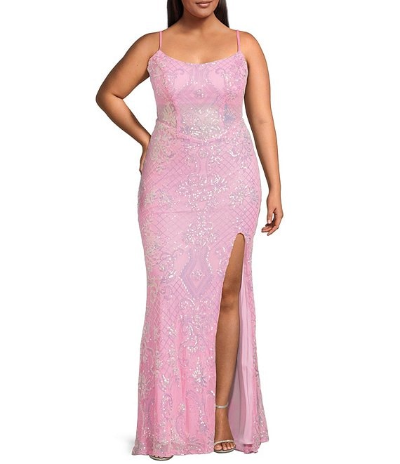 B. Darlin Plus Size Sequin Pattern Scoop Neck Spaghetti Strap Side Slit Dress